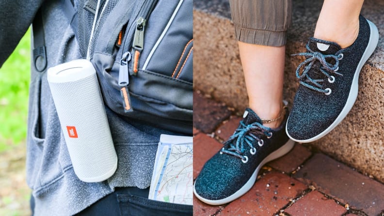 A portable speaker attached to a backpack and a person wearing running shoes.