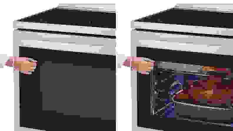 Person using hand to knock on glass of LG LREL6325F oven.