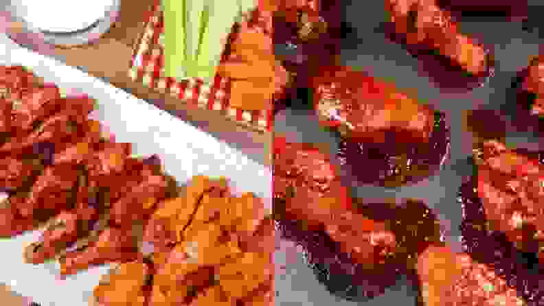 On left, a white rectangular plate of buffalo wings, with celery and carrots on the side. On right, a baking sheet with buffalo chicken wings.