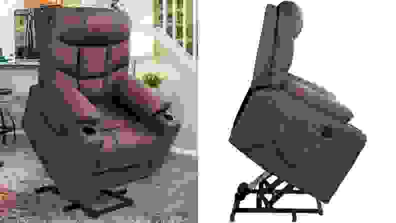 On left, brown cloth power lift chair in elevated position in living room setting. On right, brown cloth power lift chair in elevated position in front of white background.