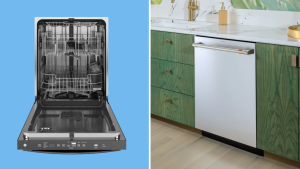 Left: An open KitchenAid dishwasher with a stainless steel interior. Right: A closed stainless-steel Café dishwasher.