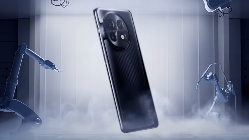 A OnePlus 11 phone suspended in mid-air surrounded by robots and mist.