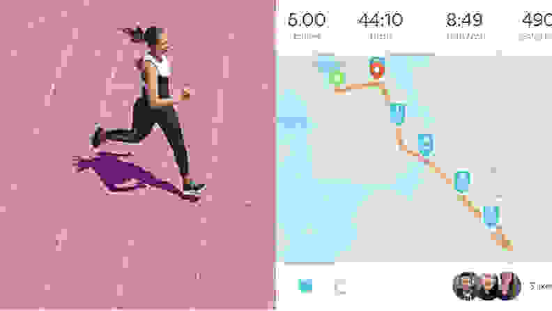 左：跑在桃红色背景的妇女。右：Asics Runkeeper。