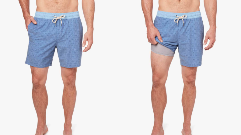 man wearing blue Fair Harbor Bayberry swim trunks