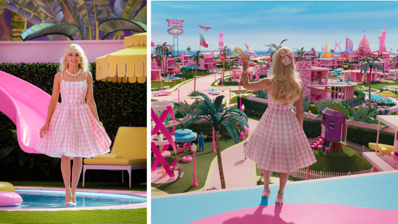 Two shots of Margot Robbie as Stereotypical Barbie in the Barbie movie, wearing a pink gingham dress.