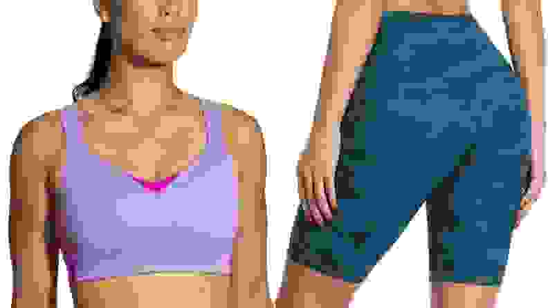 Woman wearing a pink sports bra next to a close-up shot of a woman wearing bike shorts