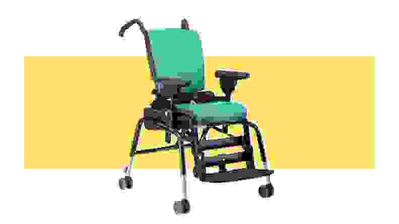 A blue Rifton Activity Chair on a yellow background.