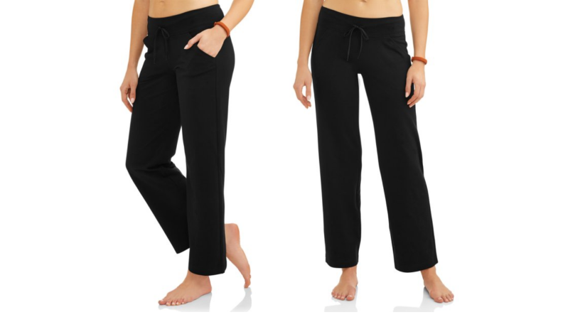 Two images of the same pair of black yoga pants with a drawstring waistband.
