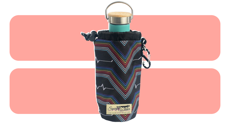 A fabric water bottle holder printed with rainbow stripes.