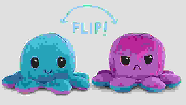 Happy blue and angry purple octopus plushies.
