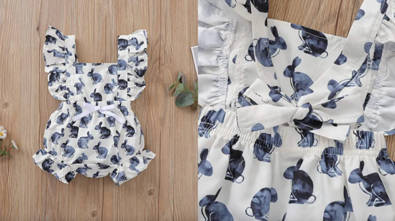 White and navy bunny-printed children's dress.