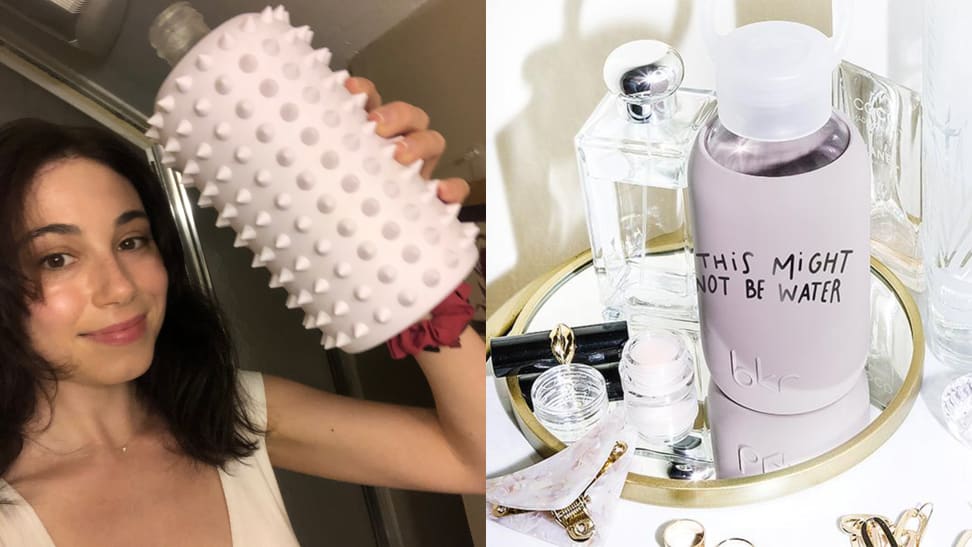 Left: Woman holding spiked Lala Bkr water bottle. Right: Bkr water bottle on vanity.