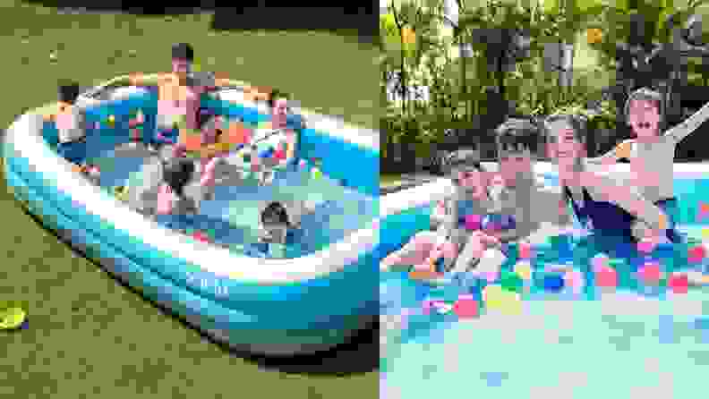 Kids and adults playing in an inflatable pool.