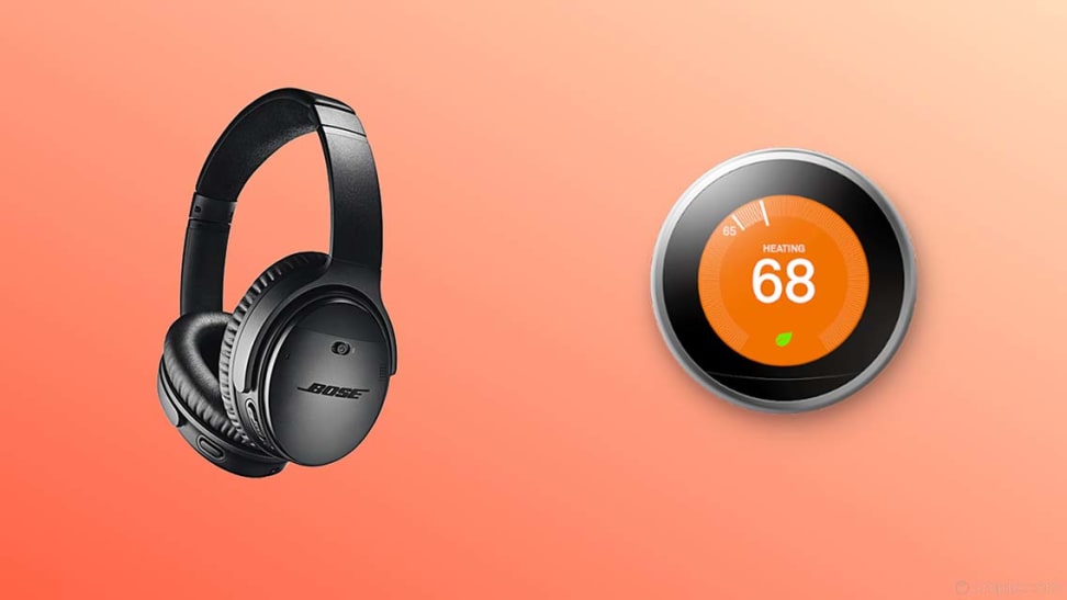 Bose headphones and nest thermostat on an orange background