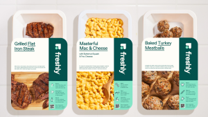 Freshly Protein & Sides packages of, from left, steak, mac and cheese, and turkey meatballs