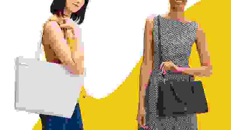 Woman carrying a white tote on left and black purse on right against yellow background