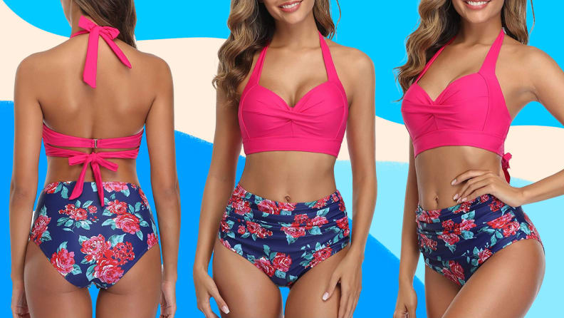 Teen Girls Swimsuits Two-Pieces Bathing Suits Short Sleeve Ruched Crop Top  And Bikini Bottoms Quick Dry Swimwear