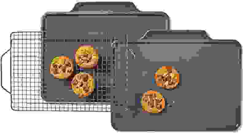 A product image for All-Clad bakeware shows a small batch of cookies, seemingly fresh from the oven.