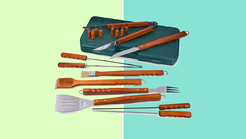 Grill tool set on a green and blue background