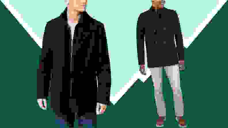 Image of men's jackets against a green background