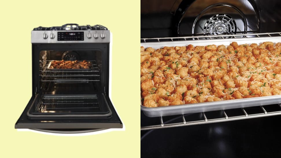 On left, oven open to reveal wings cooking inside On right, tater tots in a sheet pan in an oven.
