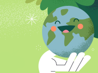 Illustration of hand holding smiling Earth against green background