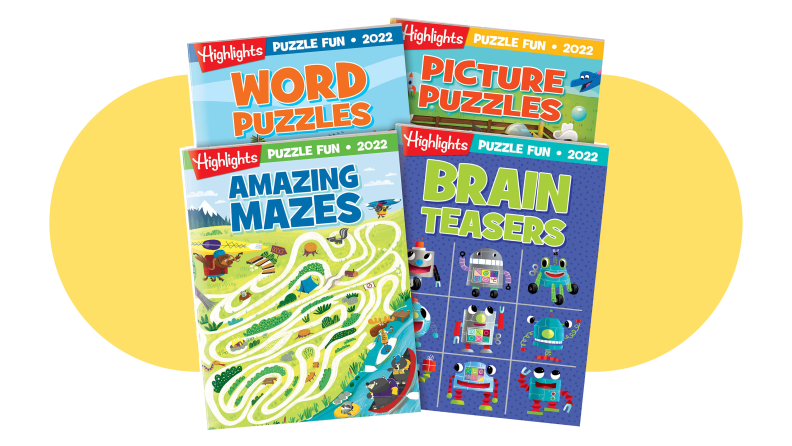 Highlights activity books on a yellow background.