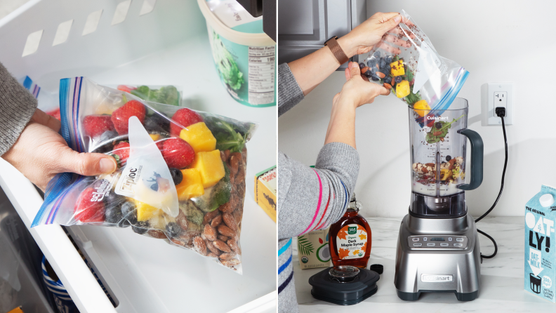 Left: Adding bag of smoothie ingredients to freezer. Right: Adding bag of smoothie ingredients to blender.