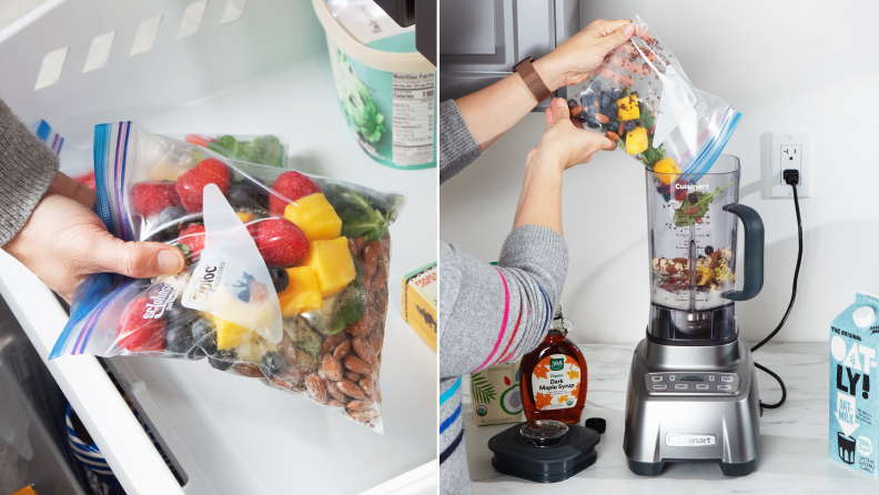 左:添加袋奶昔成分冻结r. Right: Adding bag of smoothie ingredients to blender.