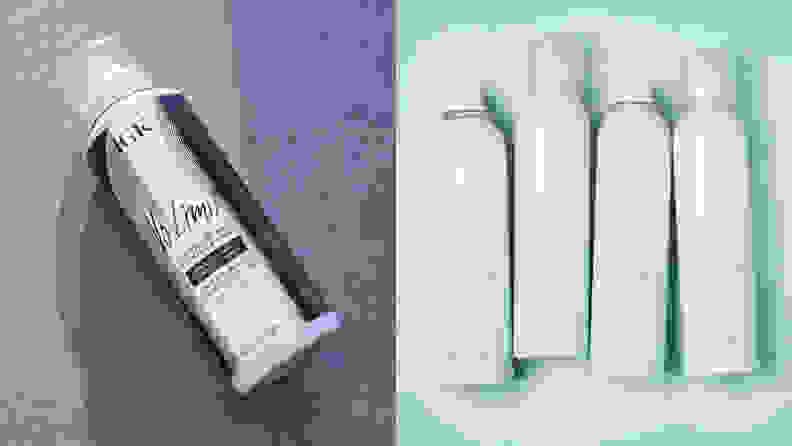 On the left: The IGK No Limit Dry Volume and Thickening Spray bottle laying diagonally across a gray and purple background. On the right: Four bottles of the Drybar Triple Sec 3-in-1 Texturizing Finishing Spray lay in a line across a light blue background.