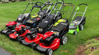 Eight push lawn mowers sit on a green lawn.