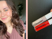 author wearing lip gloss and photo of lip gloss in red and clear