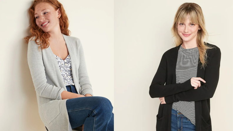 Two images of women wearing long cardigans. The first woman is in gray, the second woman wears the same cardigan in black.