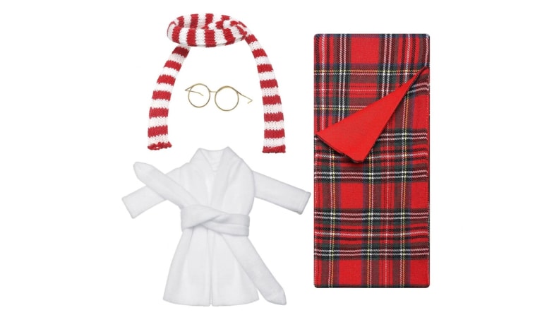 A scarf, robe, sleeping back, glasses, scarf.