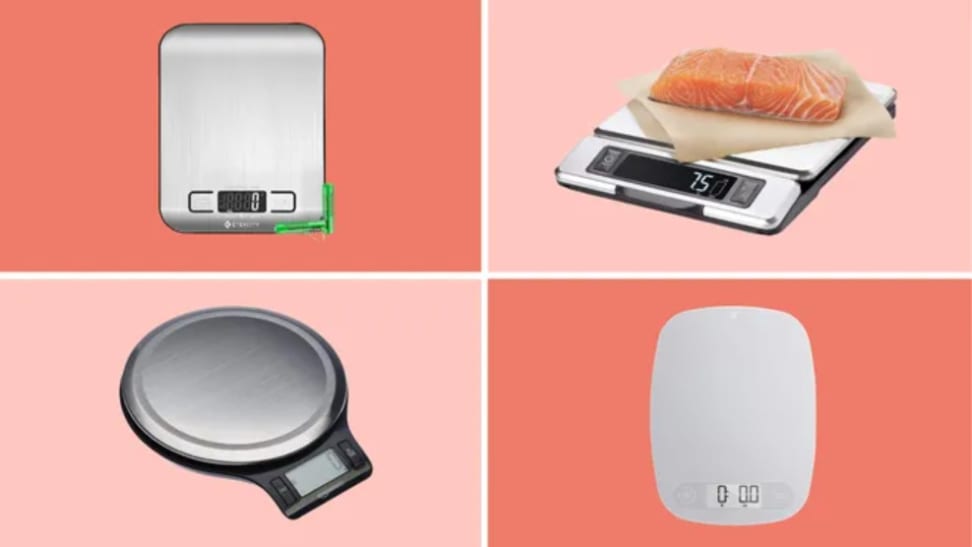 Collage of kitchen scales from Etekcity, OXO, Amazon Basics, and Greater Goods.