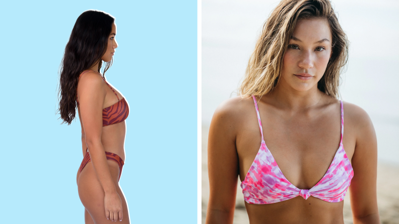 Collage image: On the left is a model wearing a red bikini, and on the right is a model wearing a pink, printed bikini top.