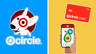 A collection of Target graphics in front of colored backgrounds.