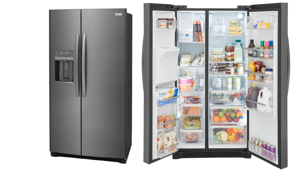 Two Frigidaire Gallery GRSC2352AF refrigerators standing next to each other in a white void. The fridge on the left has its doors closed and the fridge on the right has its door open, showcasing the interior.