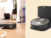 A collage of black iRobot Roomba vacuums.