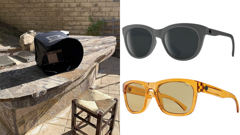 On right, laptop outside in pop-up tent on counter. On right, two pairs of black and yellow Spyoptic polarized sunglasses.