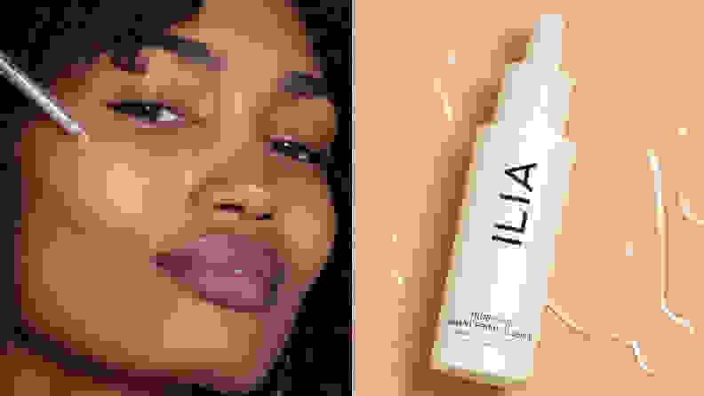 The Ilia Beauty True Skin Radiant Priming Serum on a plain background with liquid around it.