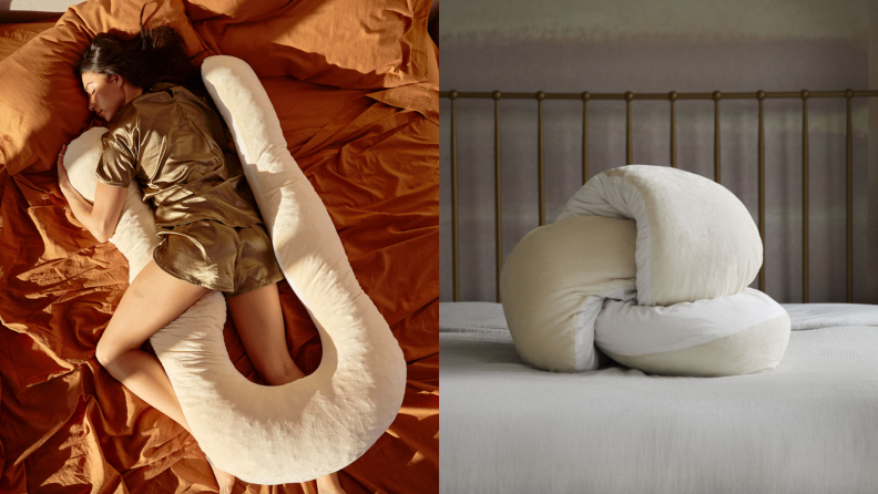 On left, person using cream colored body pillow to sleep in bed. On right, cream colored body pillow folded into a knot on top of mattress.