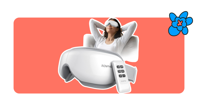 Person reclining on pillow while wearing the Renpho Eye Massager with arms resting behind head with an enlarged image of the Renpho Eye Massager and remote.