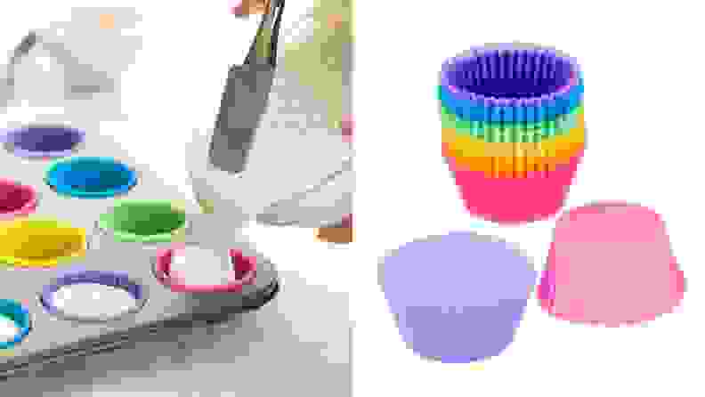 Reusable baking cups feature a rainbow assortment of colors. On the left, someone pours cupcake mix into the cups.