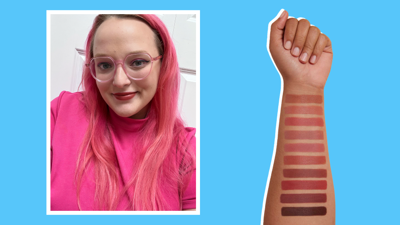 selfie of person wearing lipstick and lipstick swatched show on arm