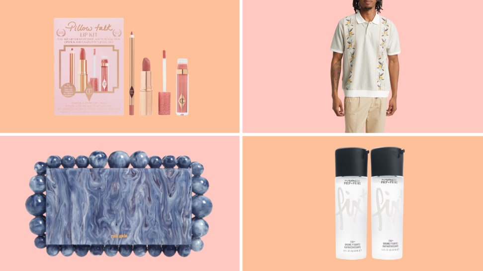Photo of a lipstick kit, a white collared shirt, a blue clutch bag, and two M.A.C. Finishing Sprays against orange and pink backgrounds.
