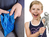 Left: hands play with a blue bean bag; right: a child stretches the arms of a silver astronaut toy.