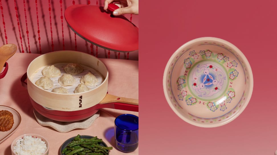 On left, hand removing Always Pan lid to reveal bamboo steamer filled with dumplings. On right, hand-painted rice bowl shot from above.
