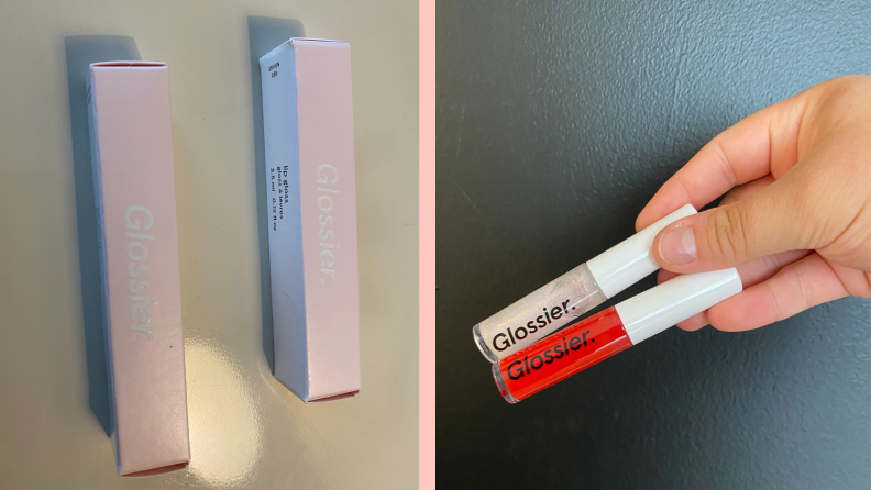 Lip gloss in red and clear with packaging photo