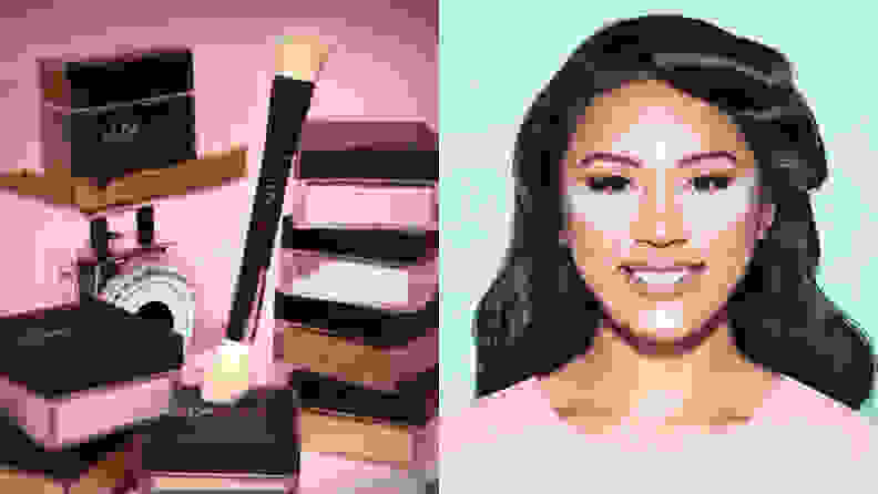 On the left: Every color of the Huda Beauty Easy Bake Loose Baking & Setting Powders stacked on top of each other on a pink background. On the right: A person smiles at the camera wearing a full face of makeup and the Huda Beauty powder under their eyes.